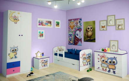 Шкаф 2-х дверный с ящиками, зеркалом комбинированный и фотопечатью Совята 2.1  