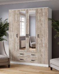  Шкаф 4-х дверный с зеркалом 1600 Лагуна, Белый/ Дуб Юкон