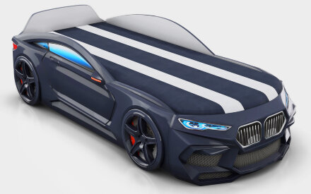 Кровать-машина Romeo-М с матрасом, ящиком для белья и подсветкой фар, черная 