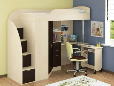 Кровать-чердак Юниор-4, Молочный дуб/Розовый  