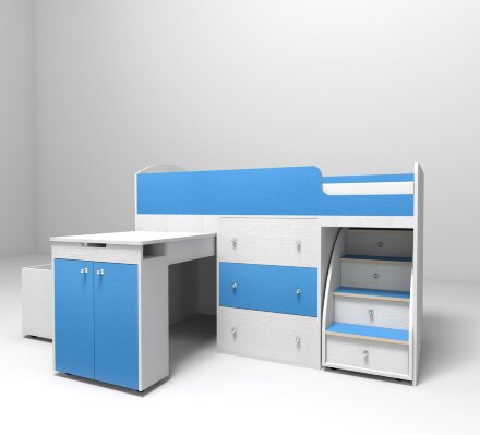 Кровать-чердак Малыш, белый / голубой 