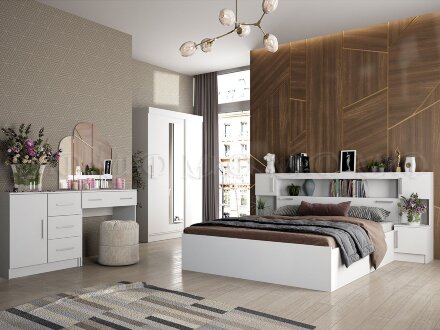 Кровать двуспальная с надстройкой с тумбами Бася, белый 