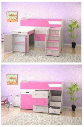 Кровать-чердак Малыш Белое дерево/Розовый  